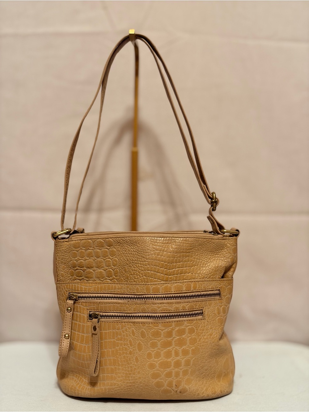Croc-Embossed Tan Shoulder Bag for Women